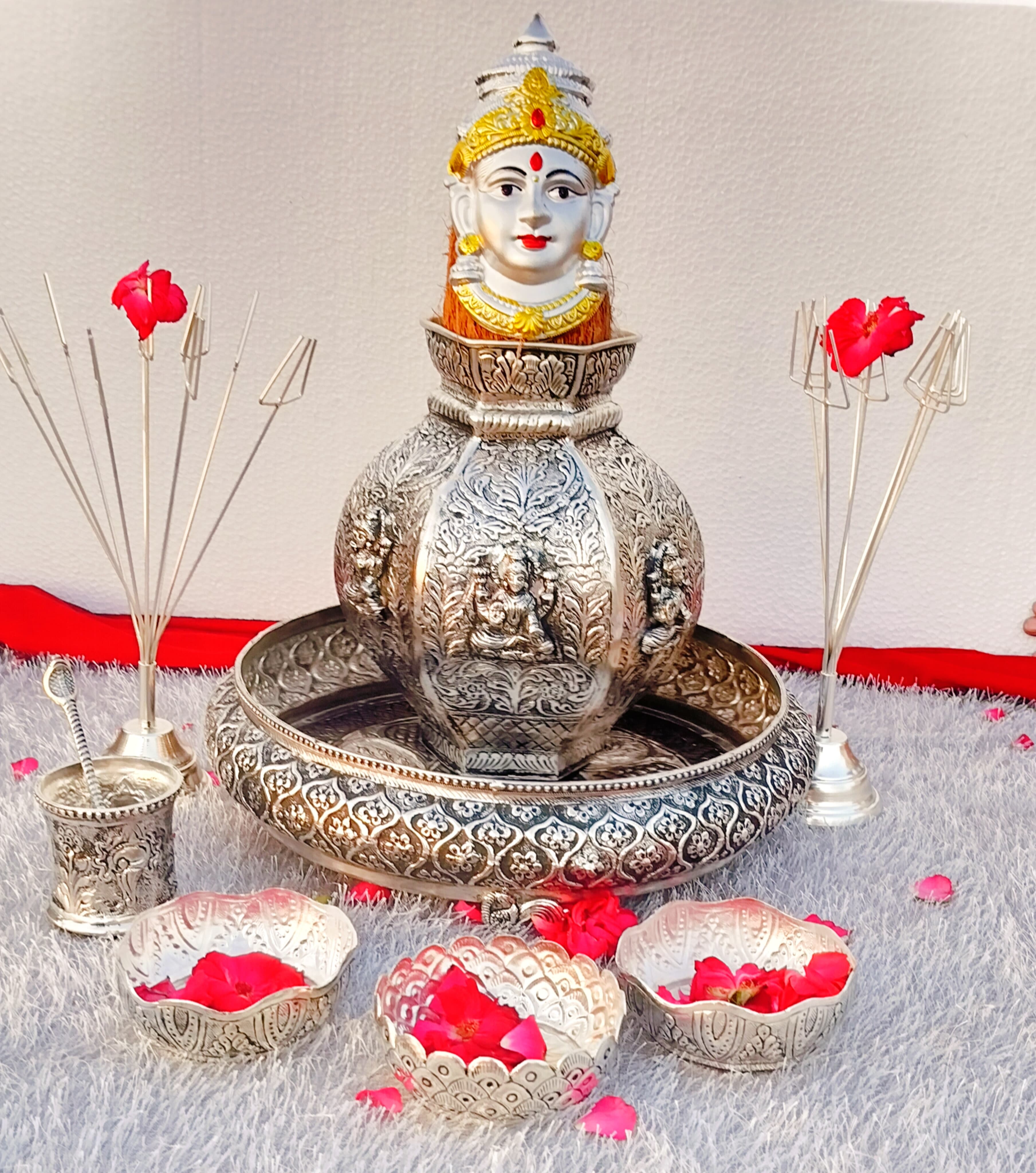 Antique German silver big size Lakshmi kalasha and flower stand